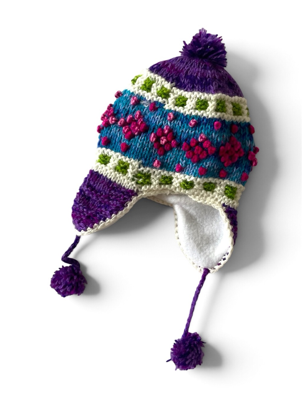 HANDMADE Wool Baby Chullo Earflap Hat Fleece Lined Vibrant Purple Blue